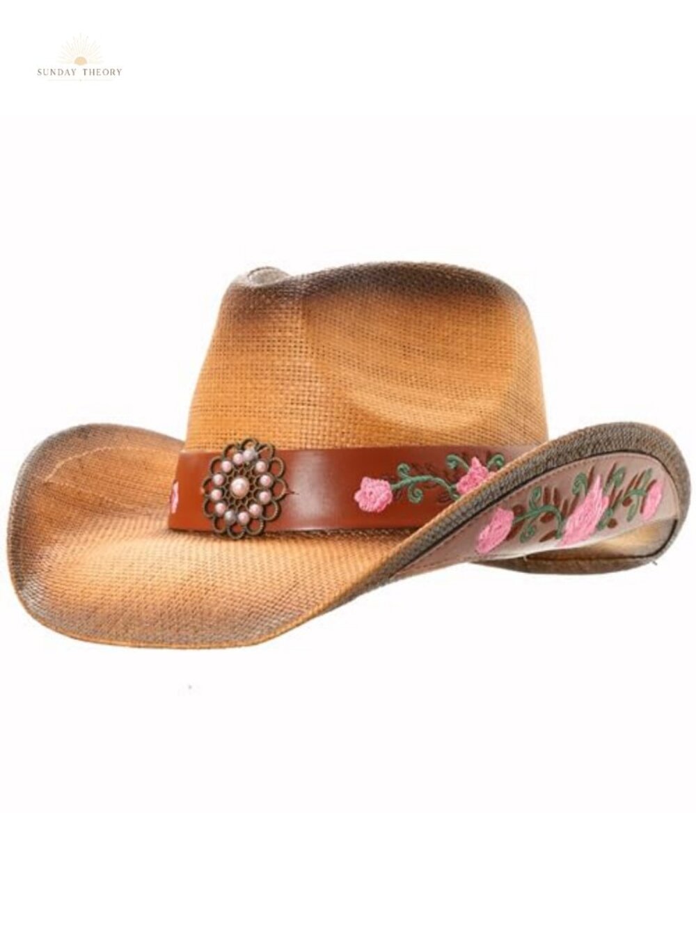 Straw Cowboy Hat with Floral Embroidery Western